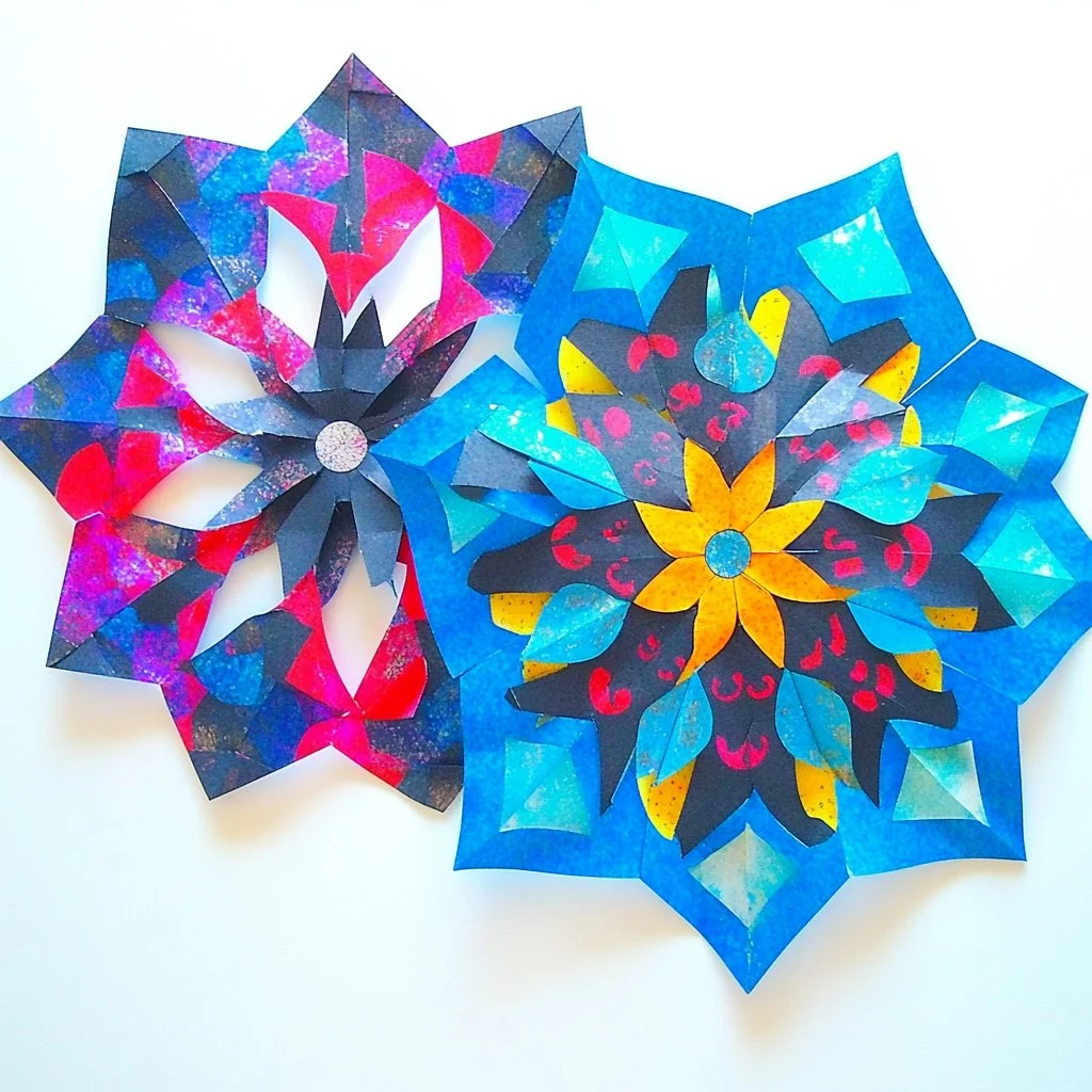 Colorful snowflake suncatcher craft hanging in the window.