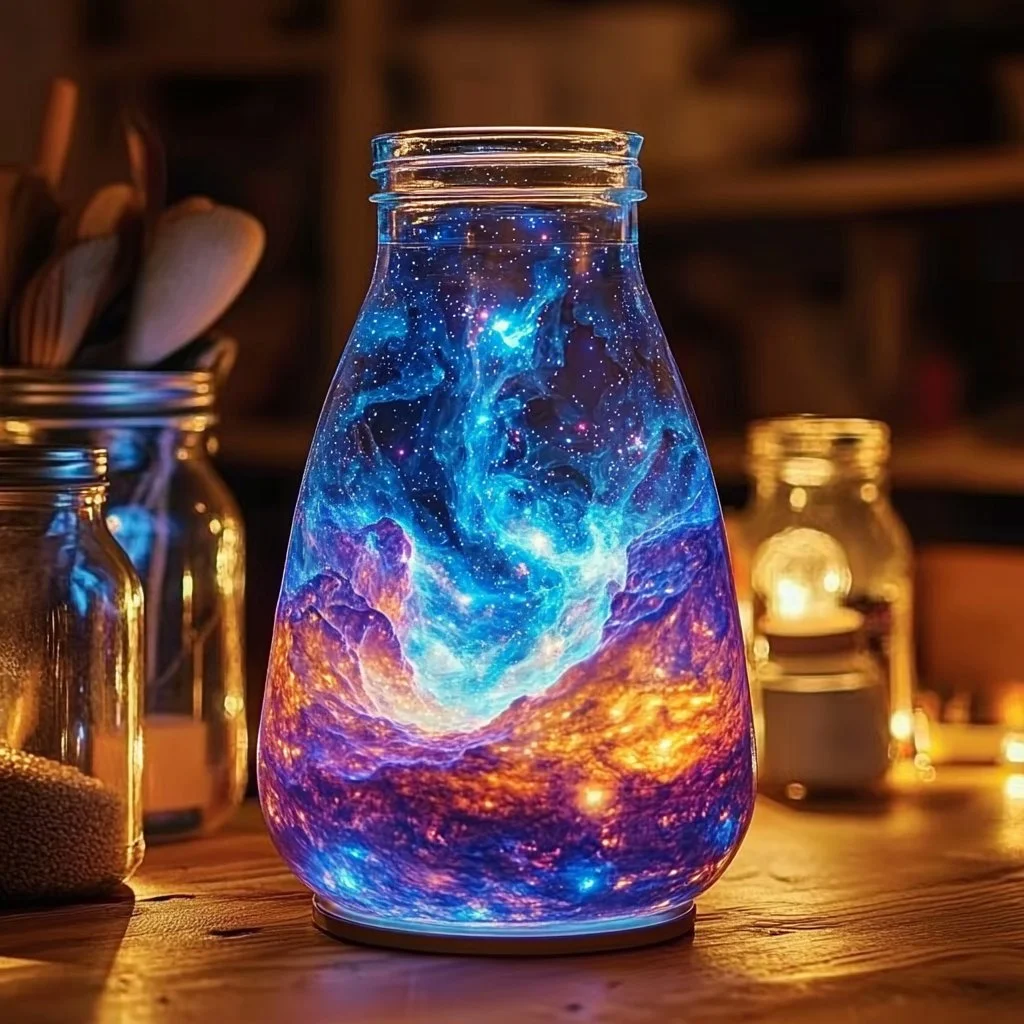 Space-themed lava lamp jars creating a cosmic lighting effect