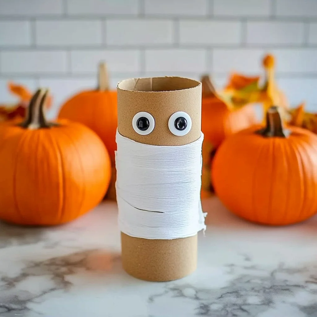 Toilet Paper Roll Mummy craft made for Halloween decoration.