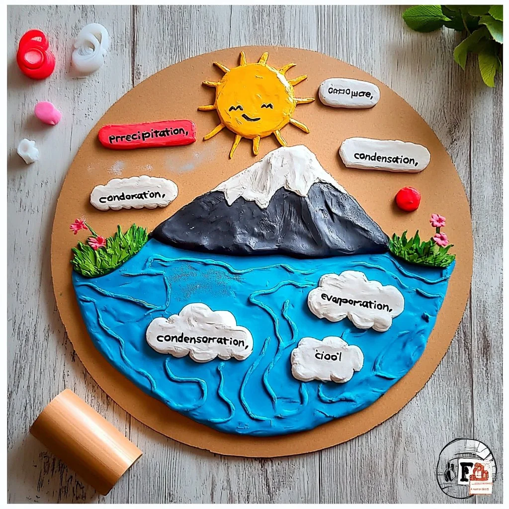 Hands-on play dough overlay illustrating the water cycle process.