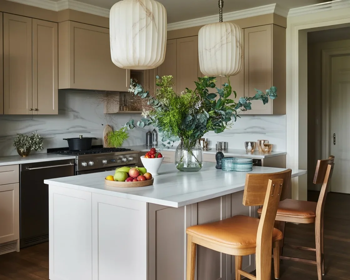 Beautifully decorated small kitchen showcasing open shelving and fresh decor elements.