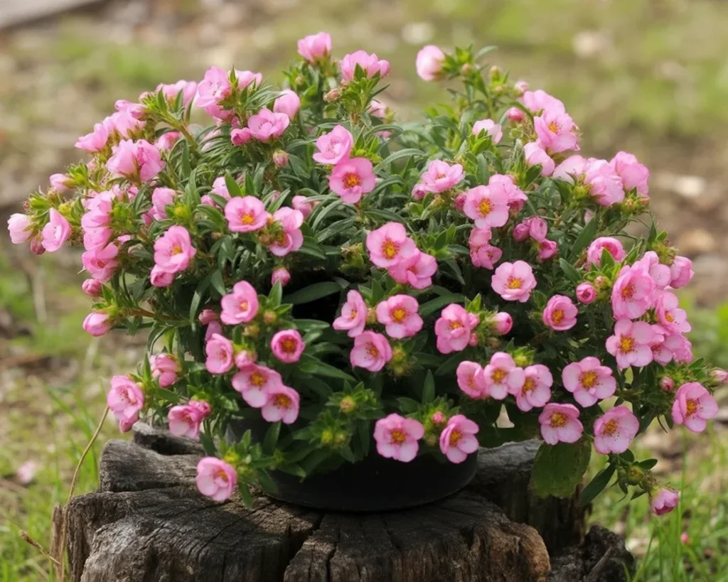 Decorated tree stump in a garden showcasing creative designs and plants.