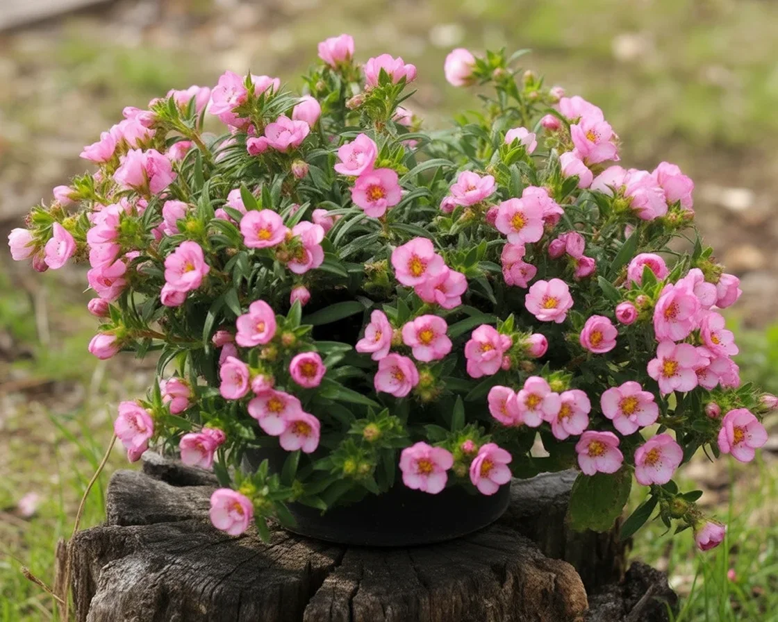 Decorated tree stump in a garden showcasing creative designs and plants.