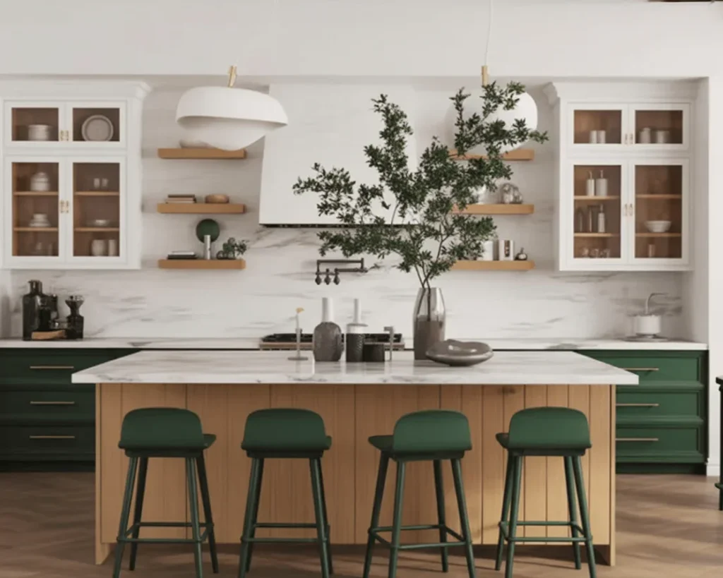 Stylish large kitchen island decorated with natural textures and seasonal decor