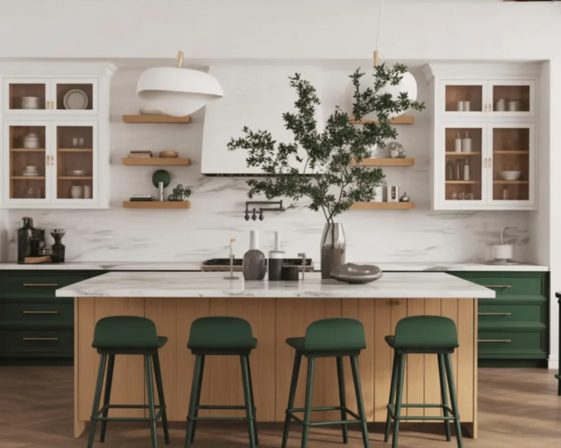 Stylish large kitchen island decorated with natural textures and seasonal decor