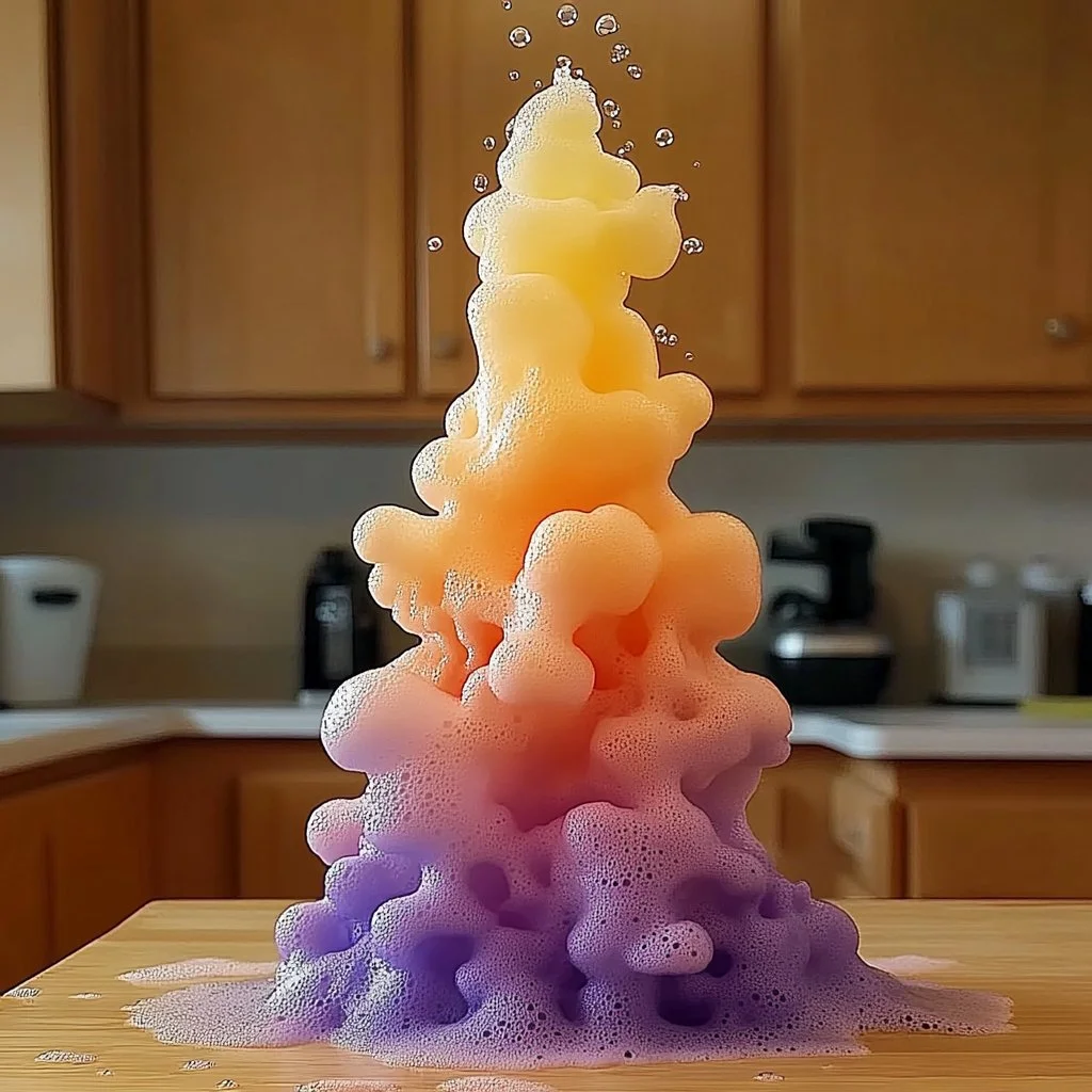 Baking soda explosion volcano experiment demonstrating a fizzy reaction.