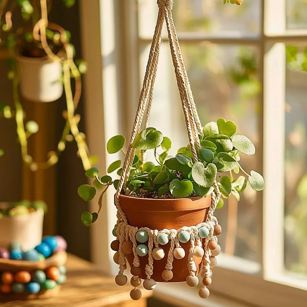 Stylish beaded plant hanger displaying a green potted plant