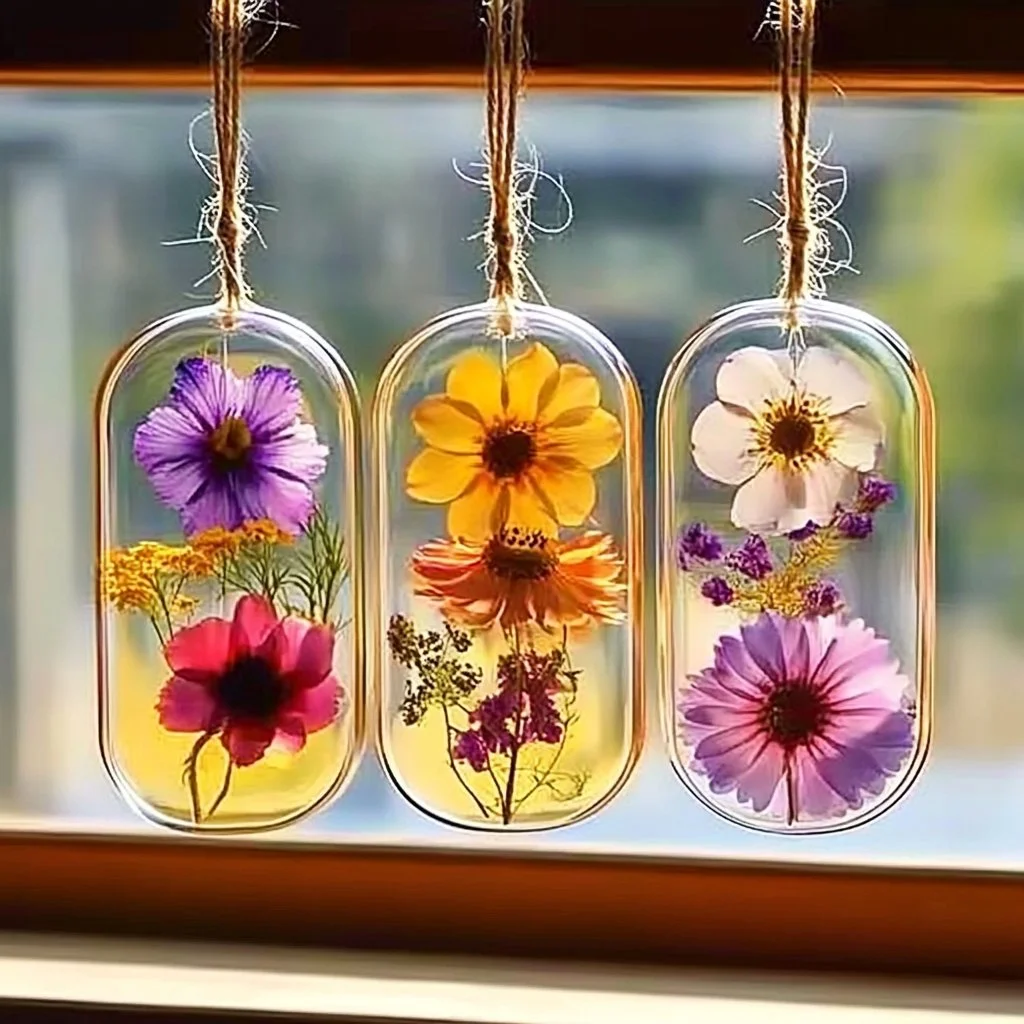 Colorful bioplastic suncatchers hanging in a window, casting vibrant light.