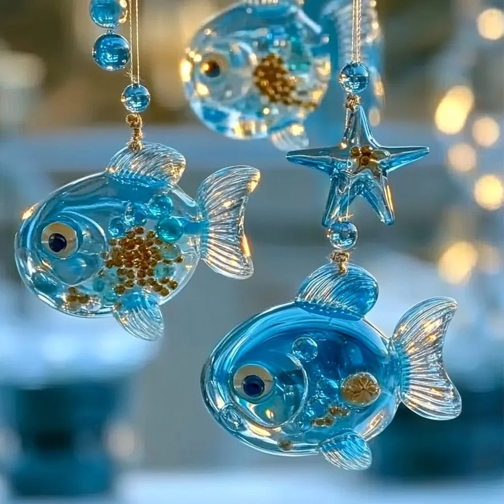 Blue bead ocean suncatchers hanging in sunlight, reflecting colorful patterns