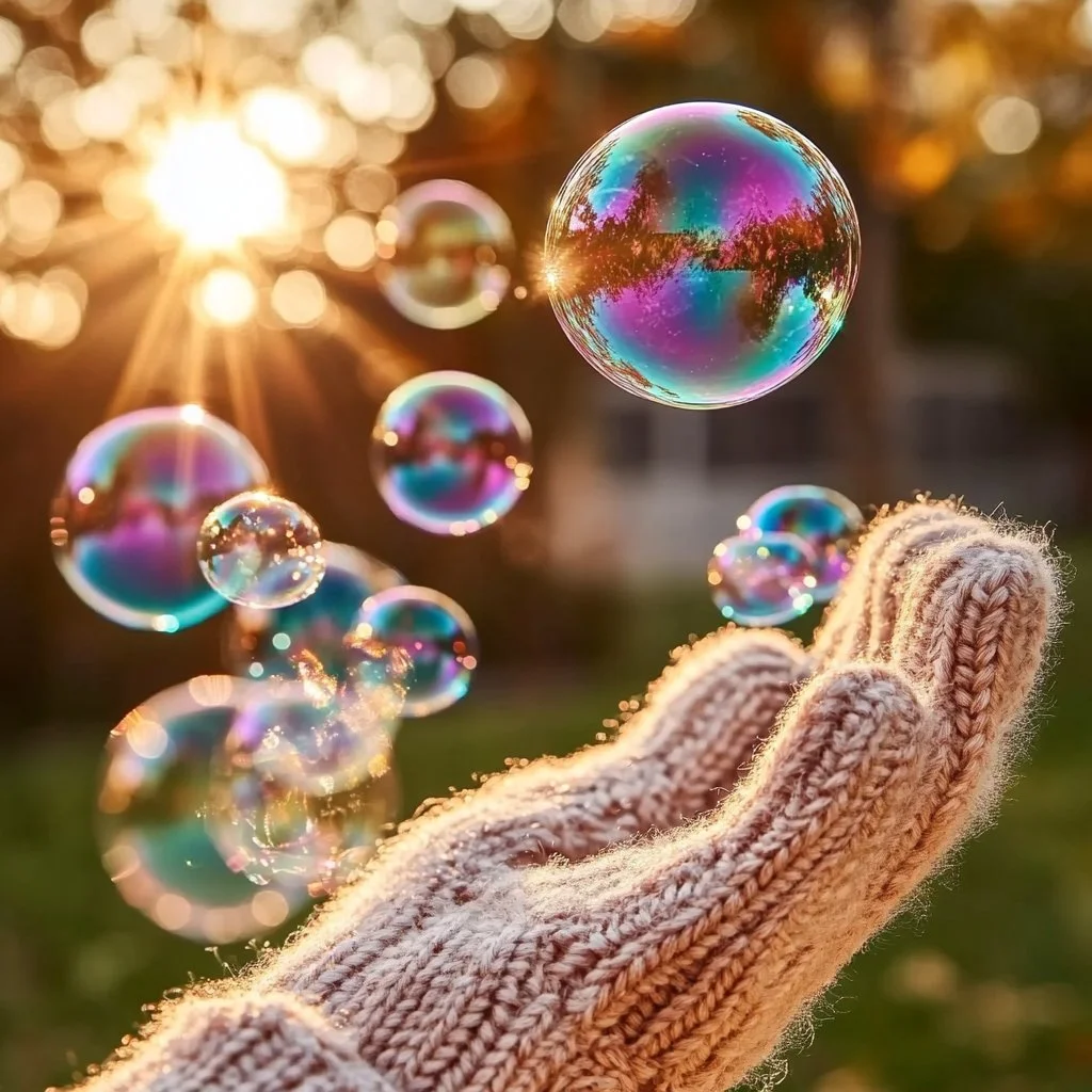 Colorful bouncing bubbles floating in the air, creating a magical scene.