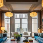 Layered lighting design in a stylish living room highlighting multiple light sources.