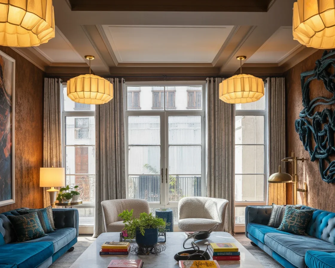 Layered lighting design in a stylish living room highlighting multiple light sources.