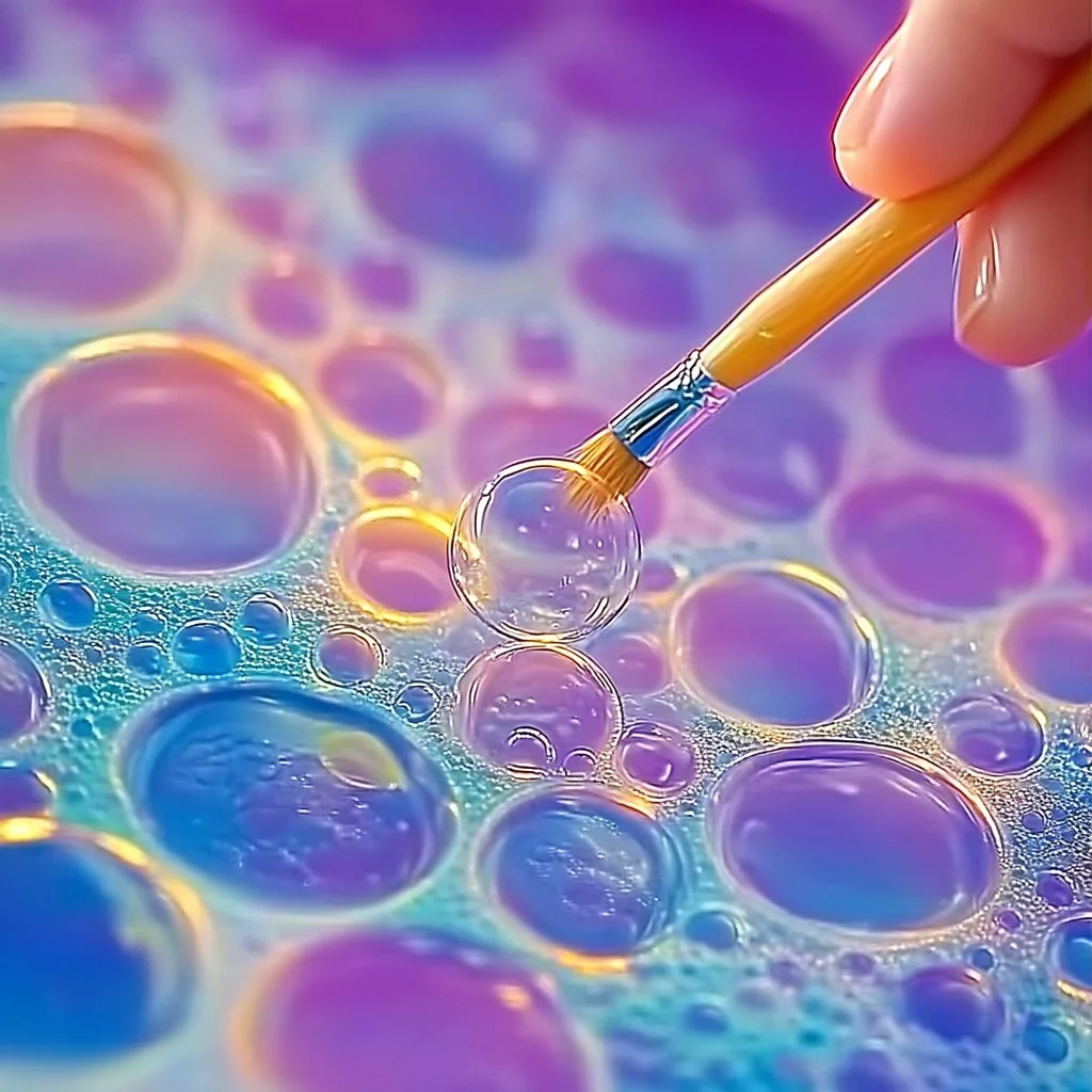 Children enjoying a bubble painting art activity with colorful paints and bubbles