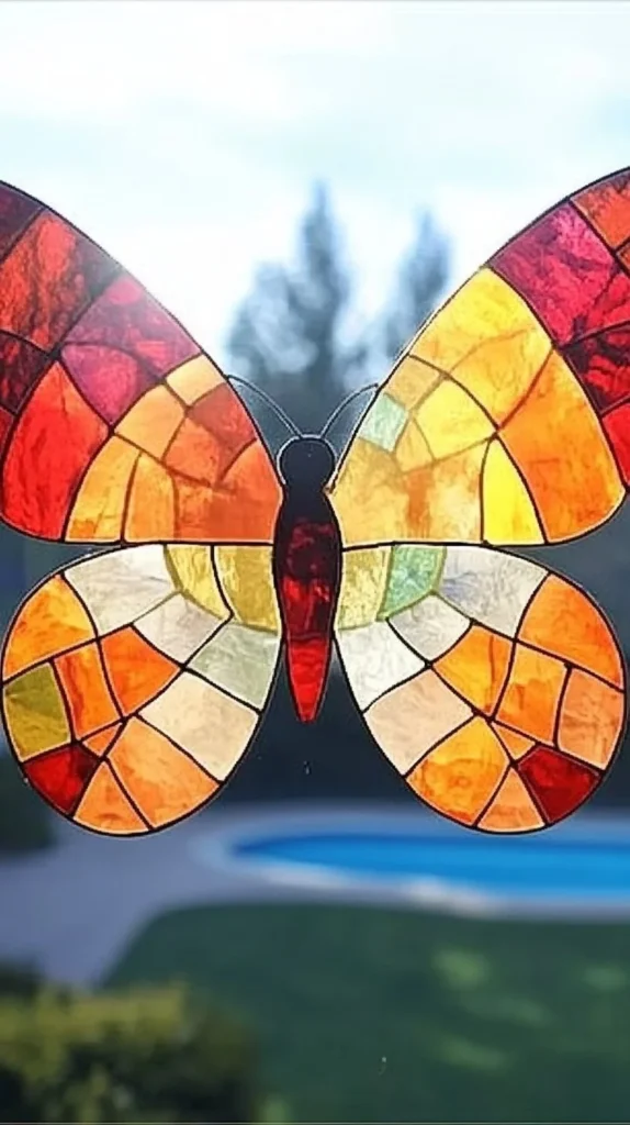 Colorful butterfly suncatcher craft hanging in sunlight