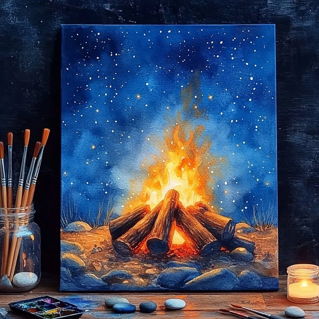 Beautiful campfire watercolor art showcasing vibrant colors and nature's warmth