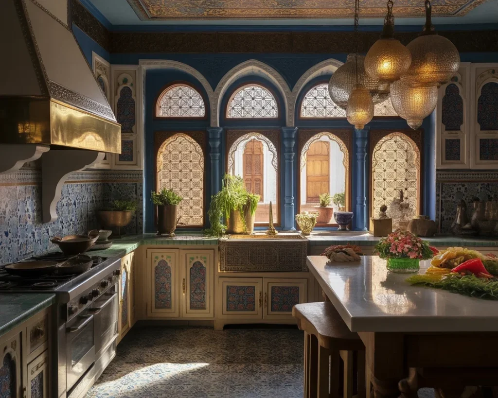 Stunning Moroccan kitchen decor featuring vibrant colors and intricate designs.