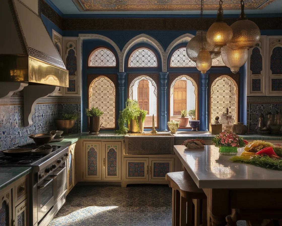 Stunning Moroccan kitchen decor featuring vibrant colors and intricate designs.