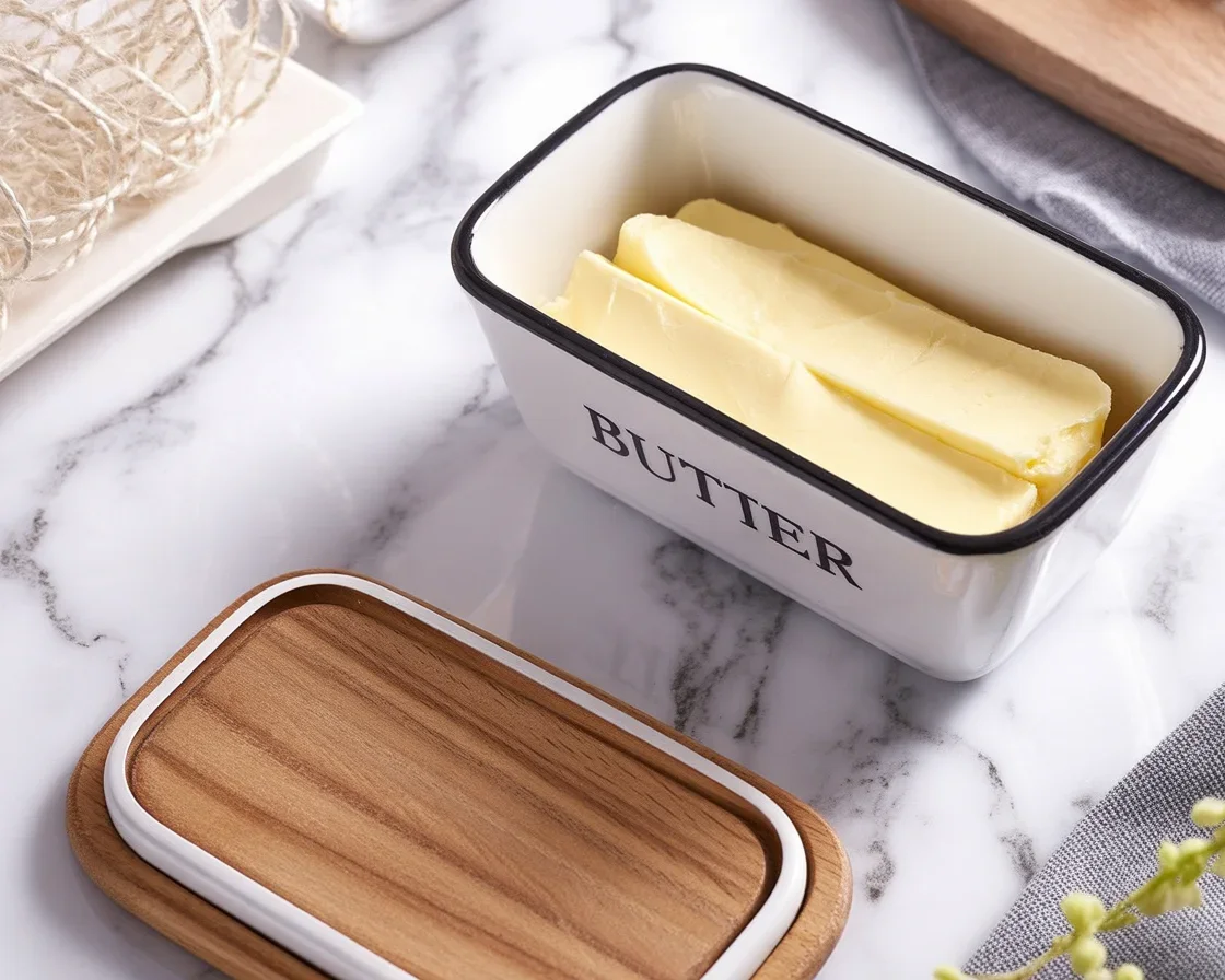 Retro butter dish kitchen decor with lid for countertop and vintage aesthetic.