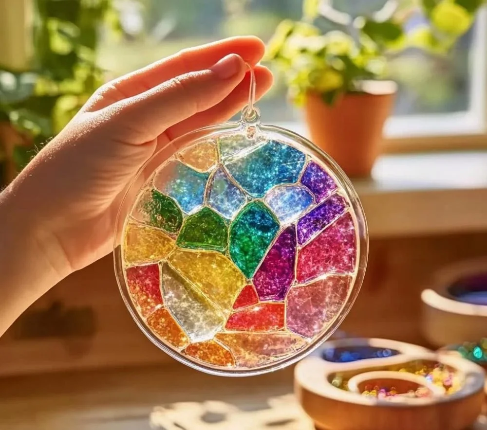 Crafting a clear glue Mosaic Suncatcher with vibrant glass pieces