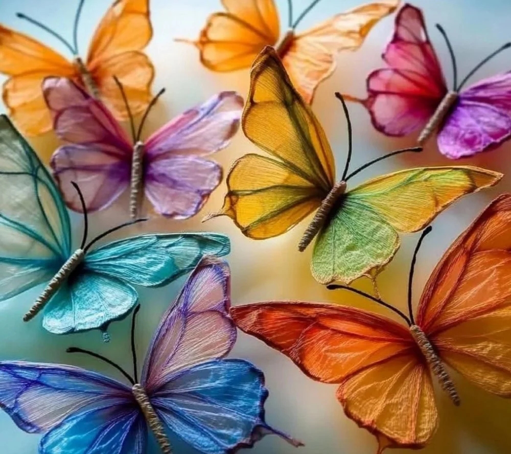 Colorful butterfly designs created using coffee filter chromatography technique.