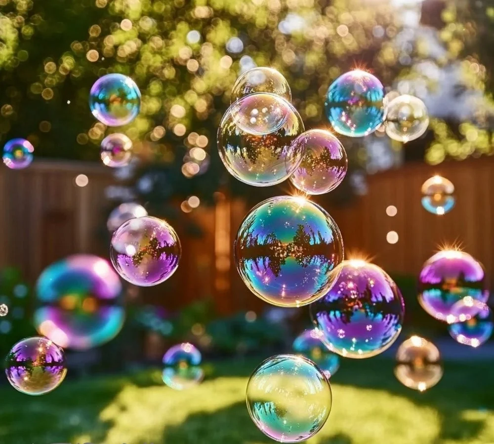 color-changing bubbles reflecting vibrant colors in sunlight