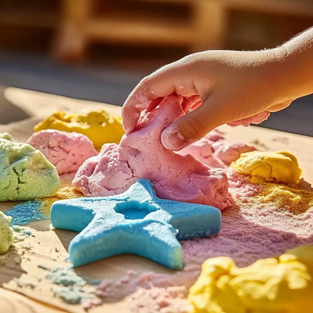 Colorful cornstarch and chalk dough creations for kids' crafts.