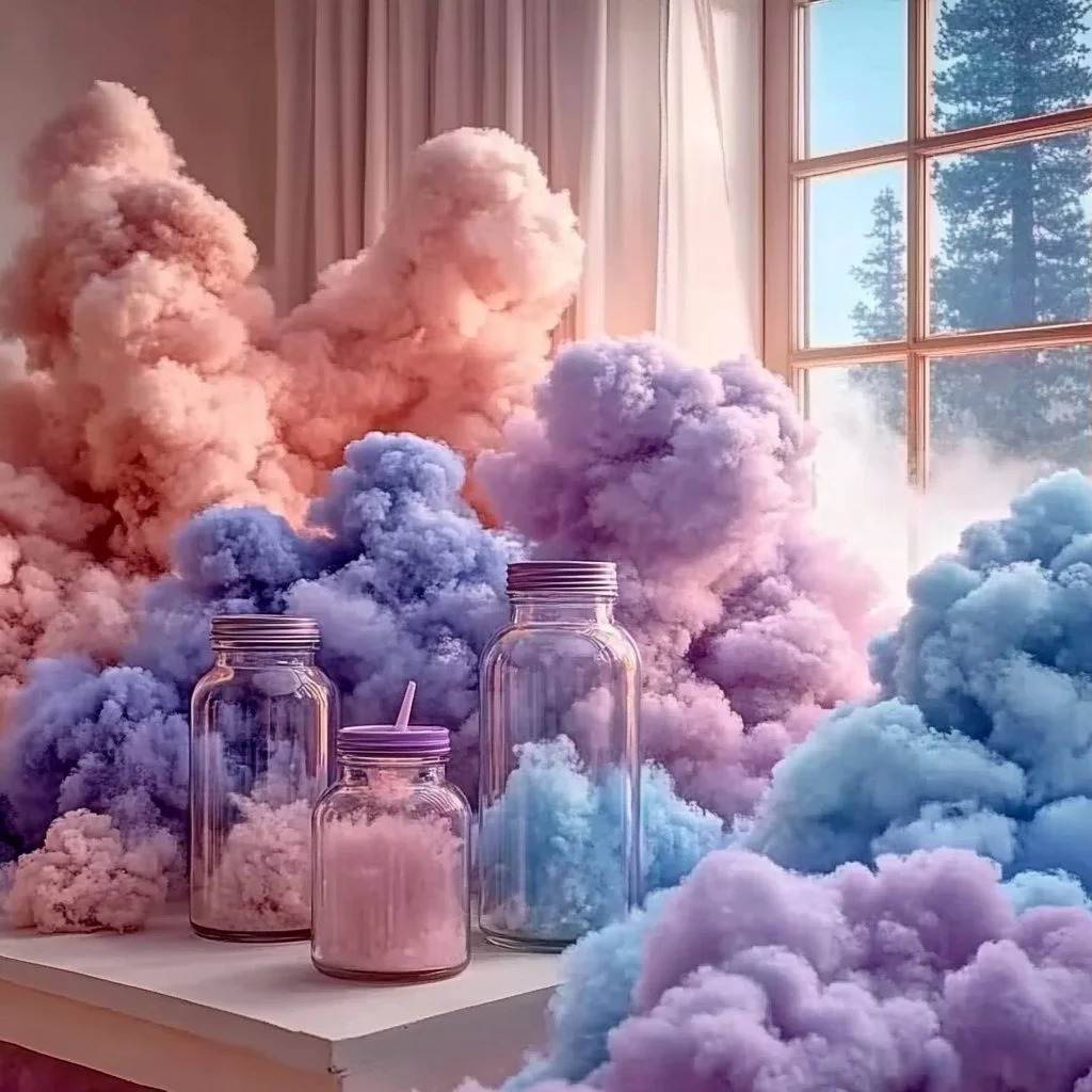 Colorful Cotton Candy Cloud jars filled with fluffy candy.