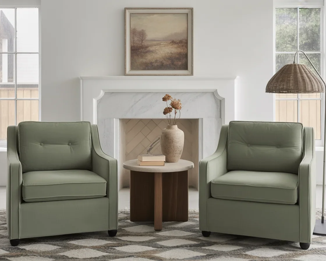 Sage green living room featuring serene decor and elegant furnishings.