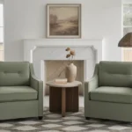 Sage green living room featuring serene decor and elegant furnishings.