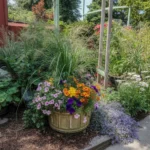 Cottage flow backyard design with harmonious plant arrangements and curved paths.