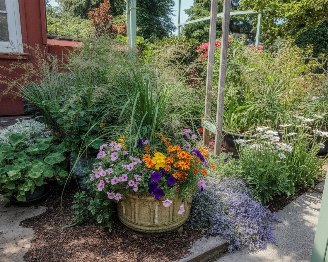 Cottage flow backyard design with harmonious plant arrangements and curved paths.