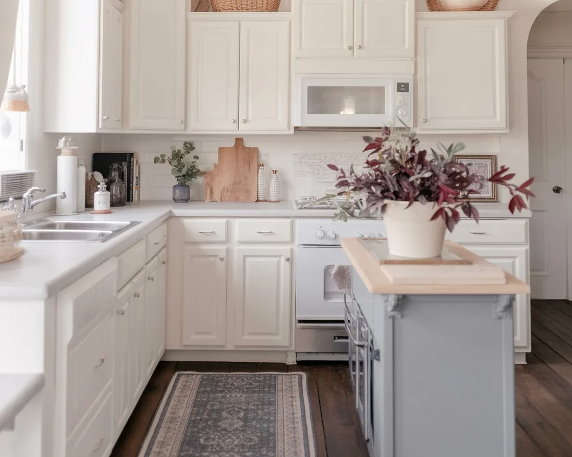 Decorative ideas for space above kitchen cabinets featuring plants and vintage decor.