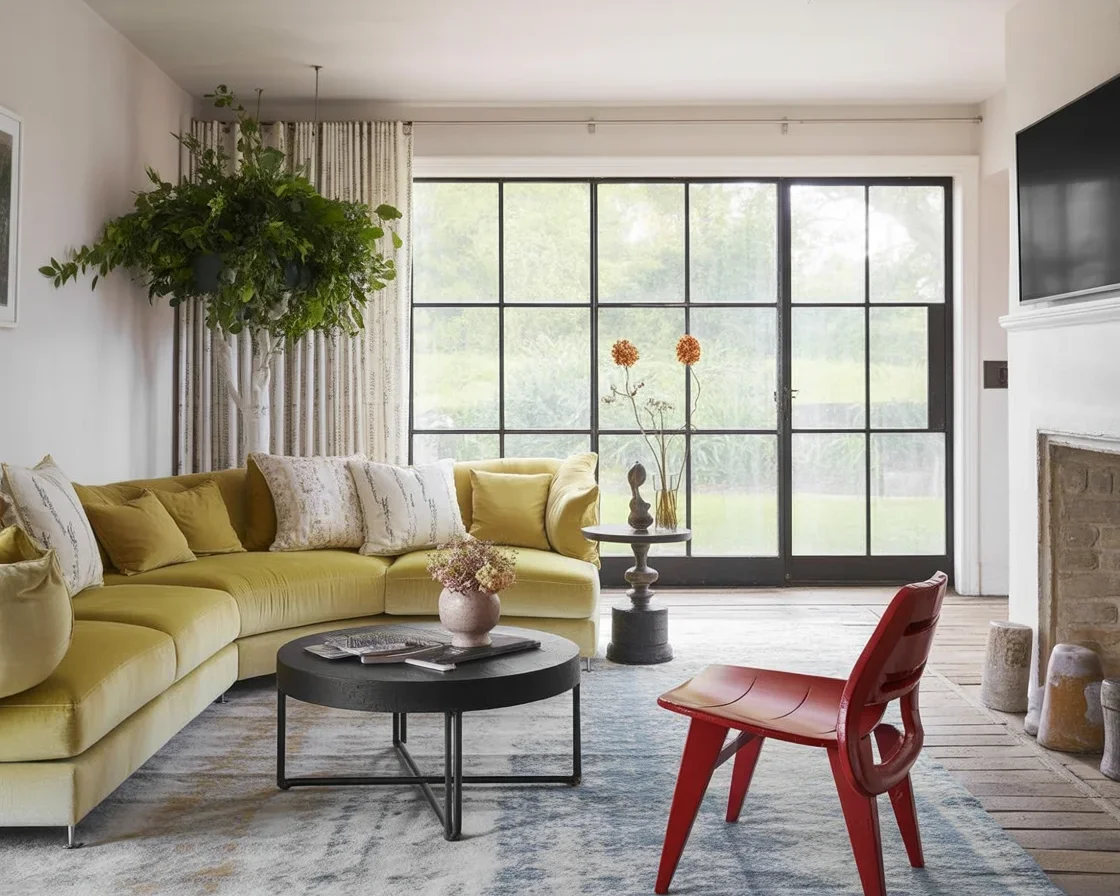 Stylish living room with curved furniture trend including a curved couch and chairs.