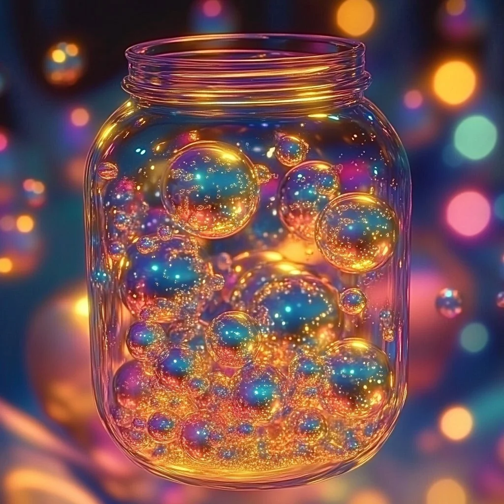Colorful dancing soda bubbles in a glass jar, showcasing effervescence.