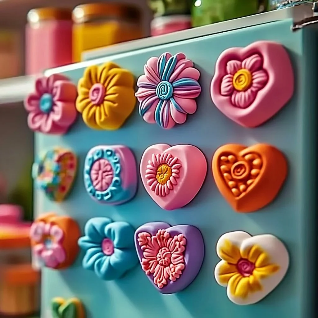 Handmade DIY clay magnets in various shapes and colors.
