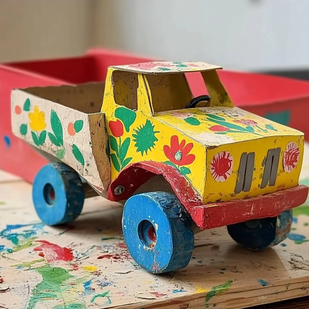 DIY egg carton dump truck craft for kids using recycled materials