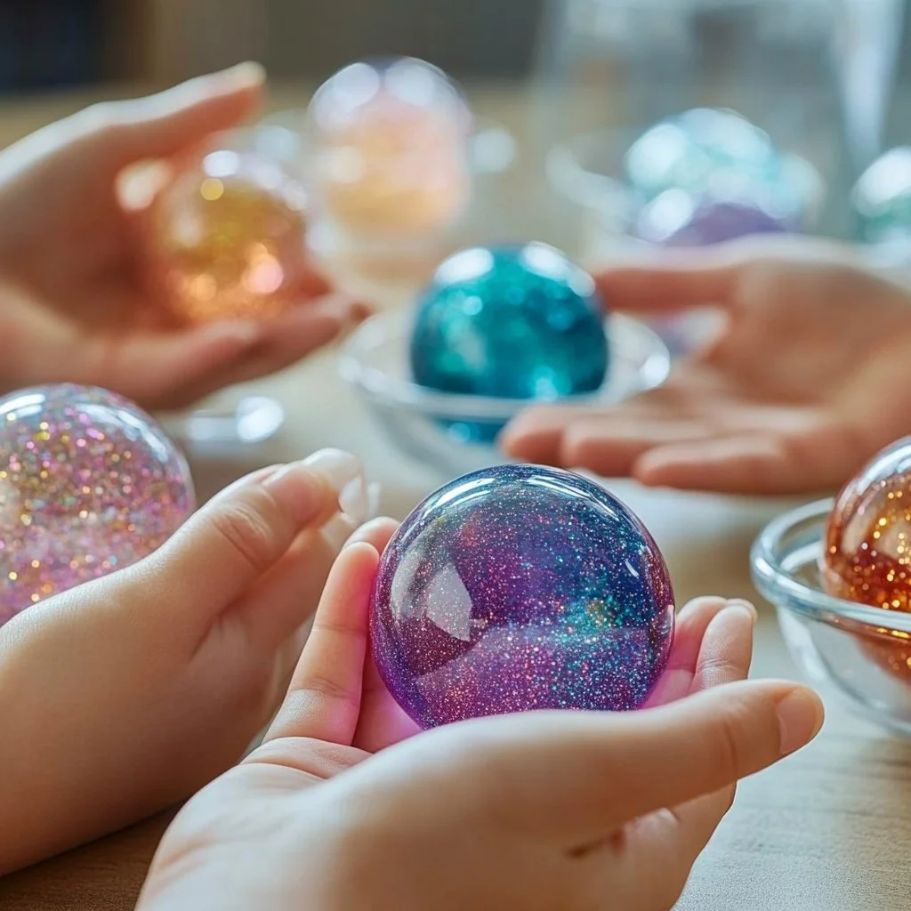 Colorful DIY glitter bouncy balls in a variety of sizes and designs.