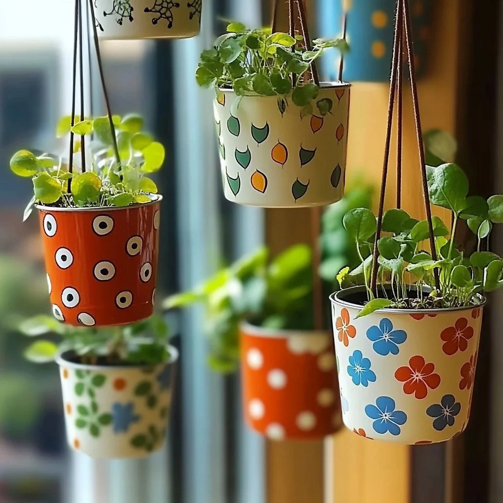 DIY hanging planters made from various materials with vibrant plants.