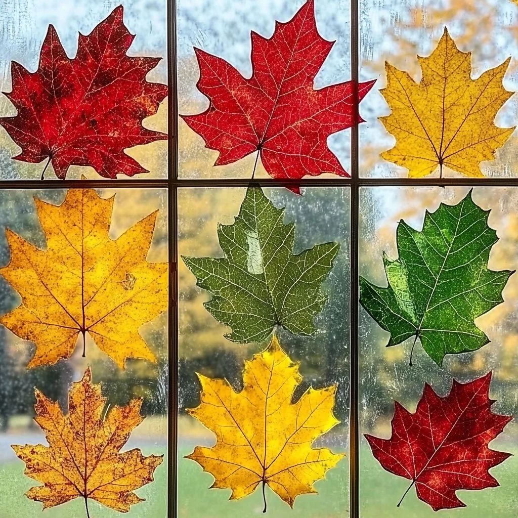 DIY leaf print window art project showcasing unique leaf patterns