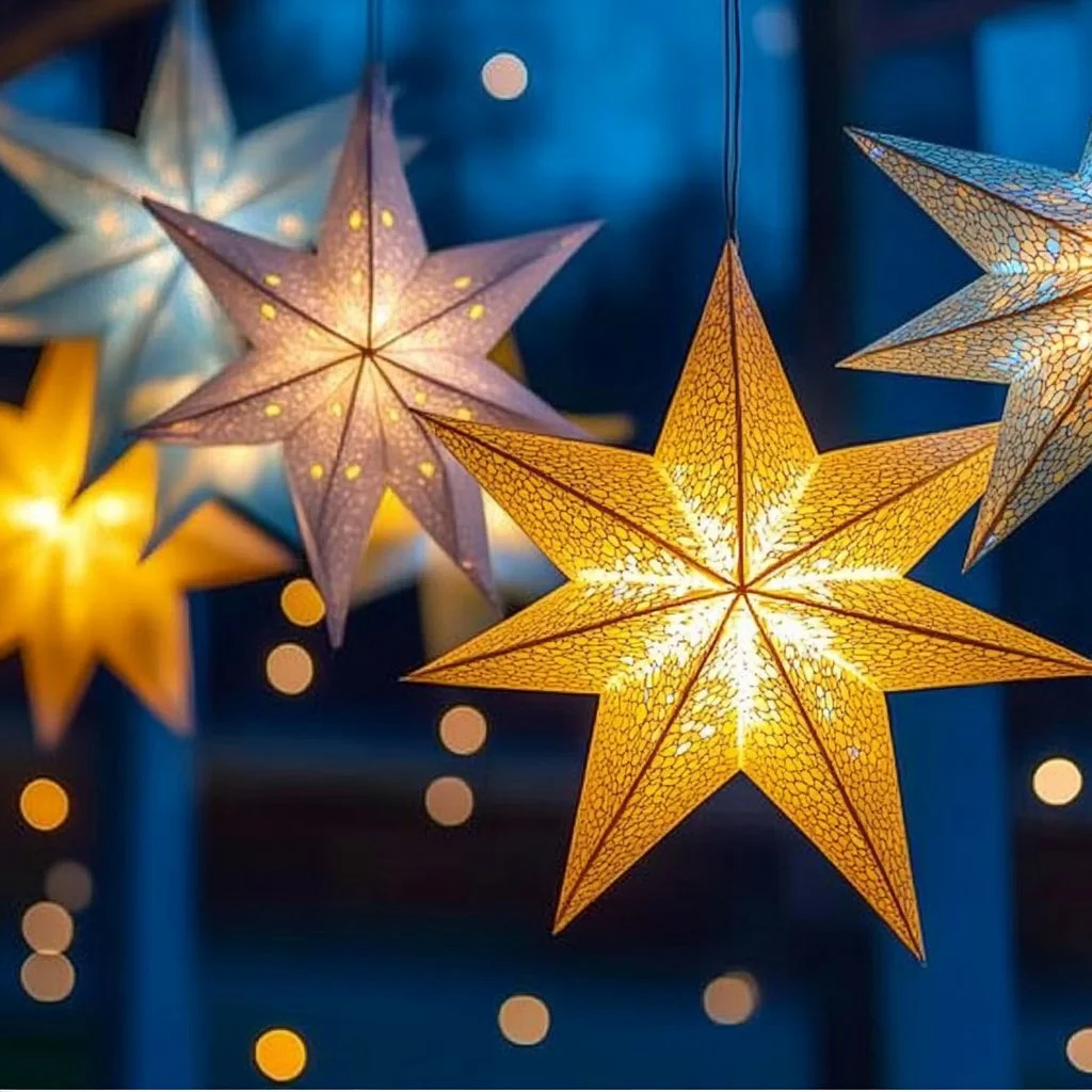 Colorful DIY paper star lanterns glowing in the dark.