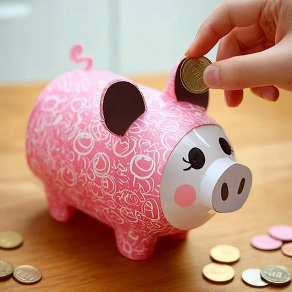 Colorful DIY piggy bank craft made from recycled materials