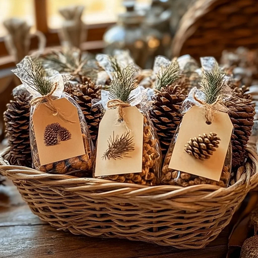 DIY pinecone fire starter favors for outdoor gatherings and campfires.