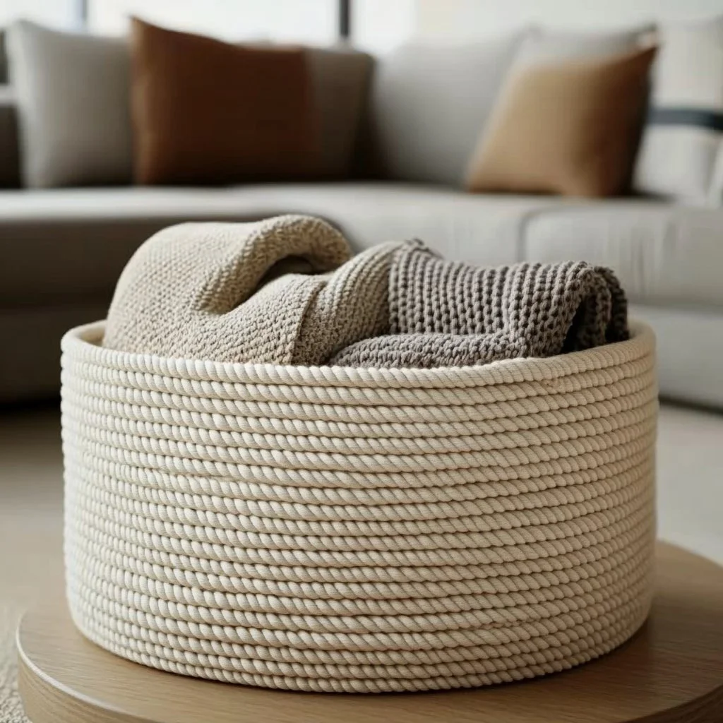 DIY rope basket for storage showcasing a stylish and functional design