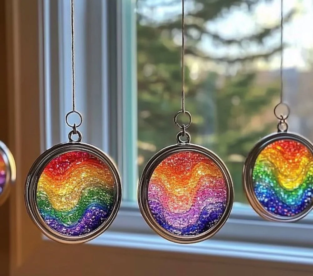 Colorful homemade DIY sun catchers hanging in a window