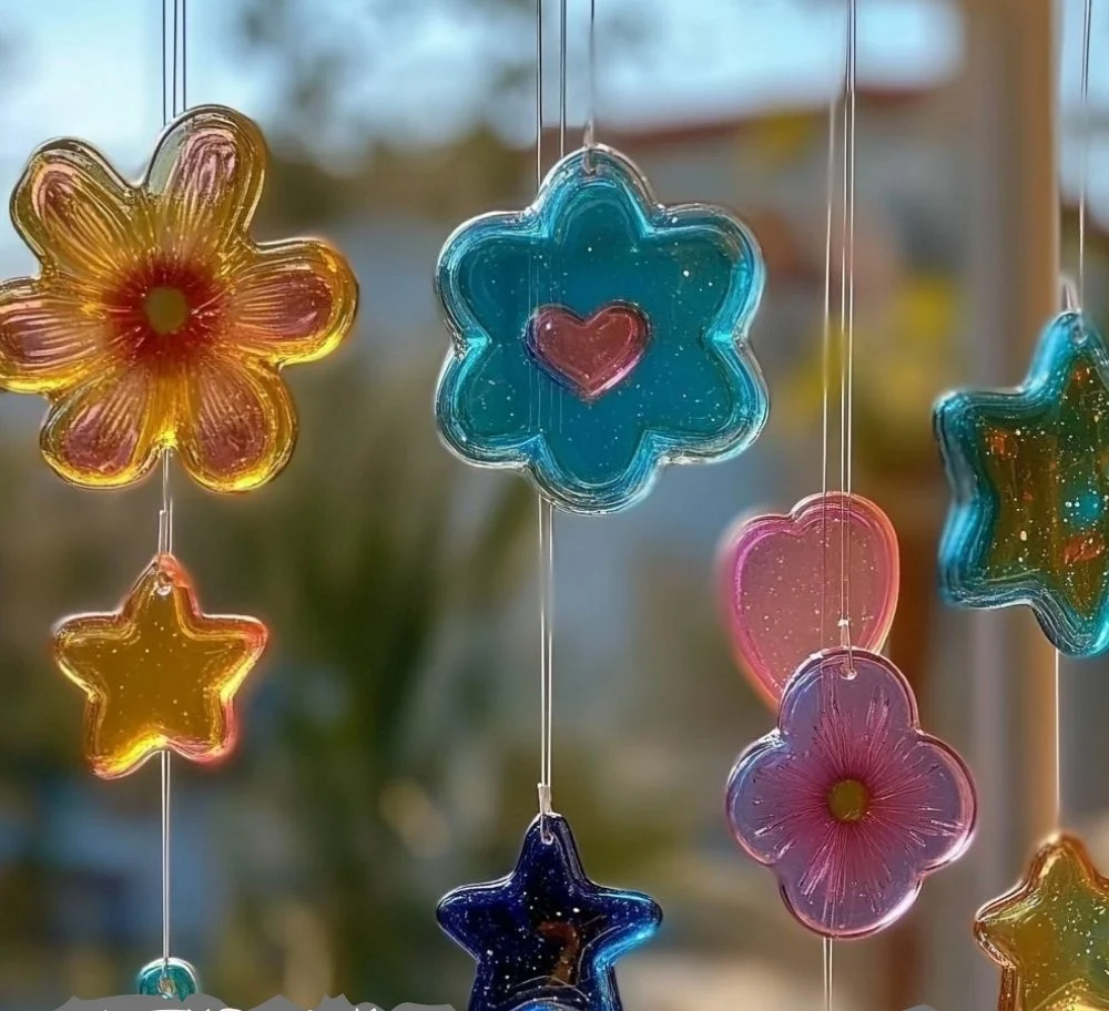 Colorful DIY window clings decorating a bright window.