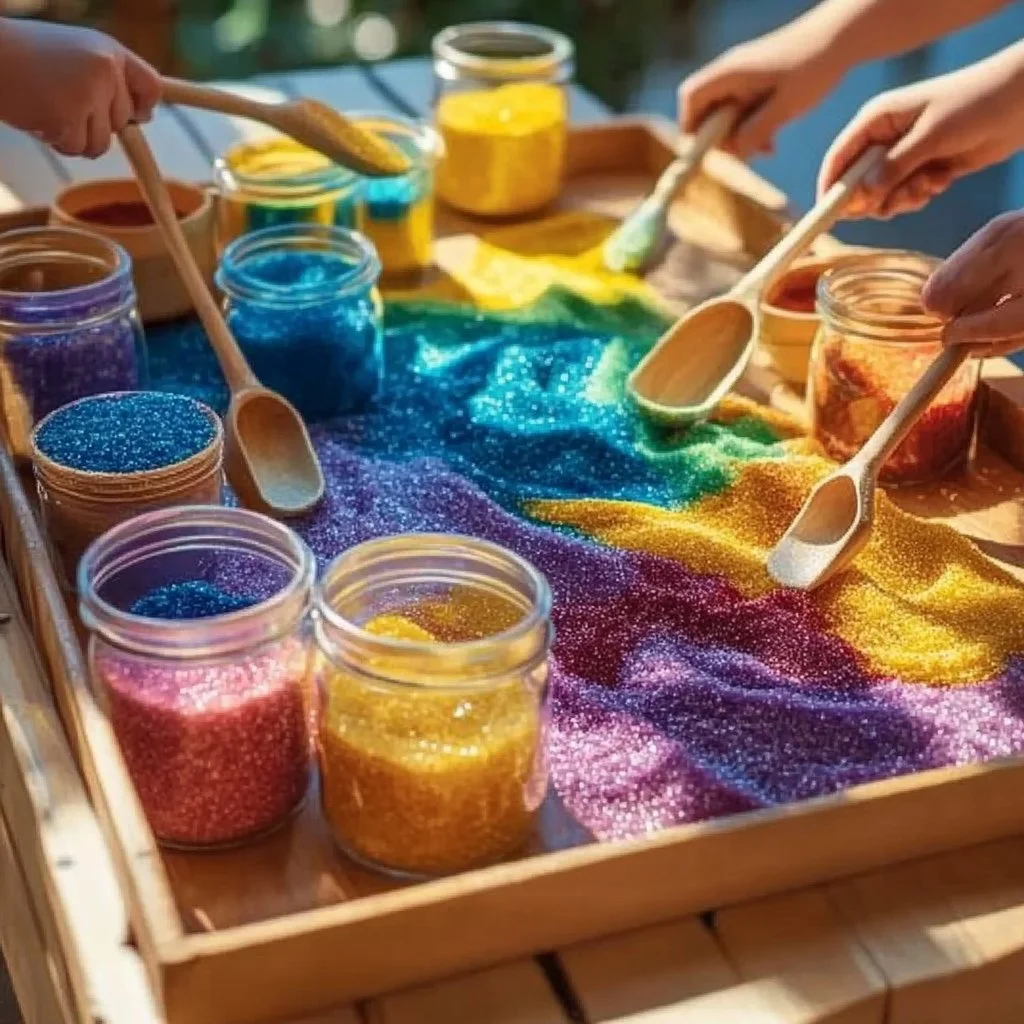 Colorful dyed salt for sensory play activities and educational crafts.