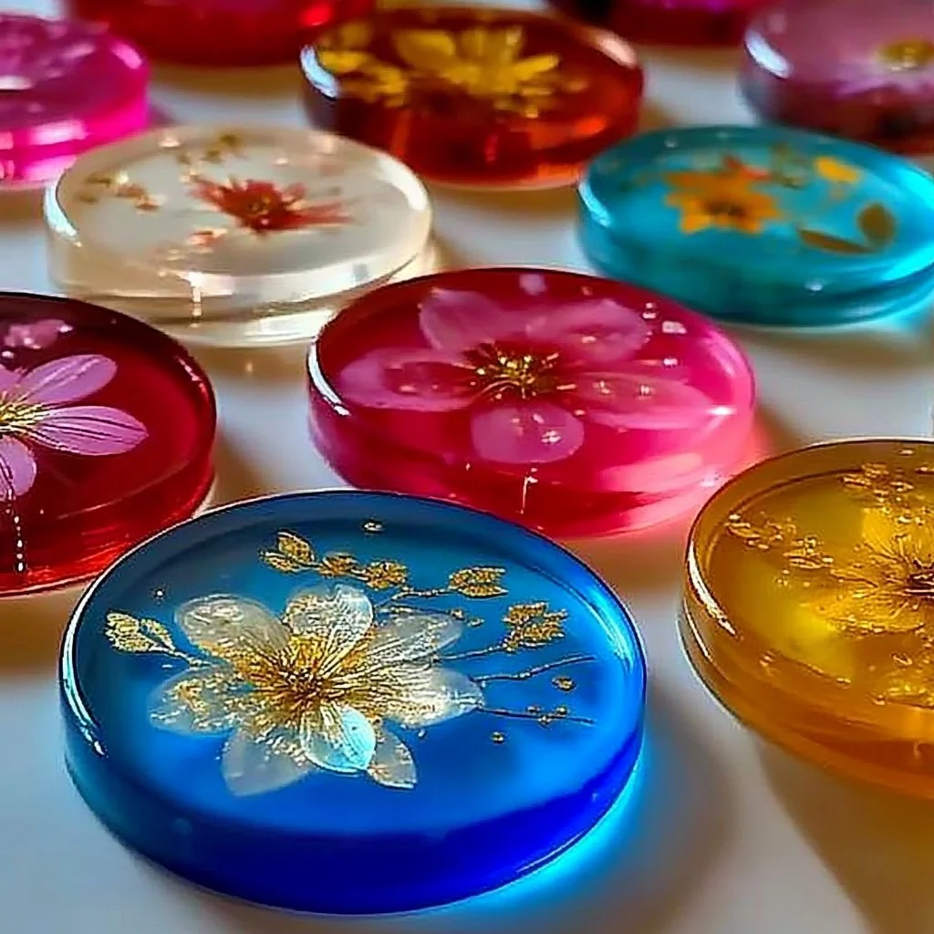 Colorful bioplastic suncatchers hanging in sunlight, eco-friendly decorations.