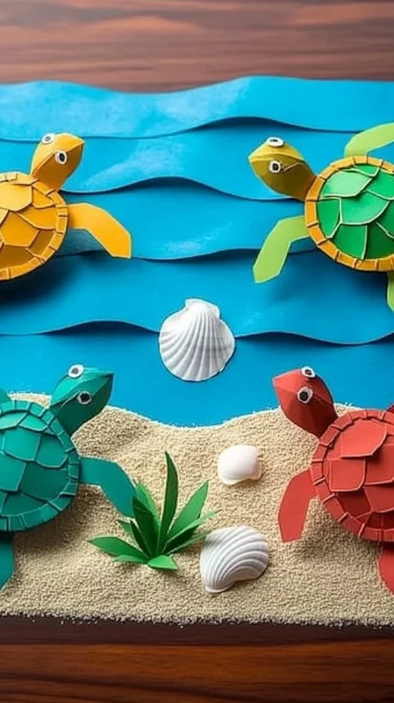 Egg Carton Sea Turtle Beach Scene with realistic sea turtles on a sandy shore