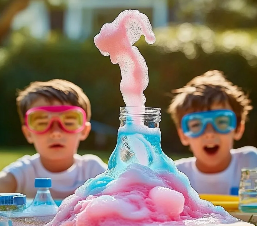 Colorful eruption of Elephant Toothpaste experiment with foam and bubbles.