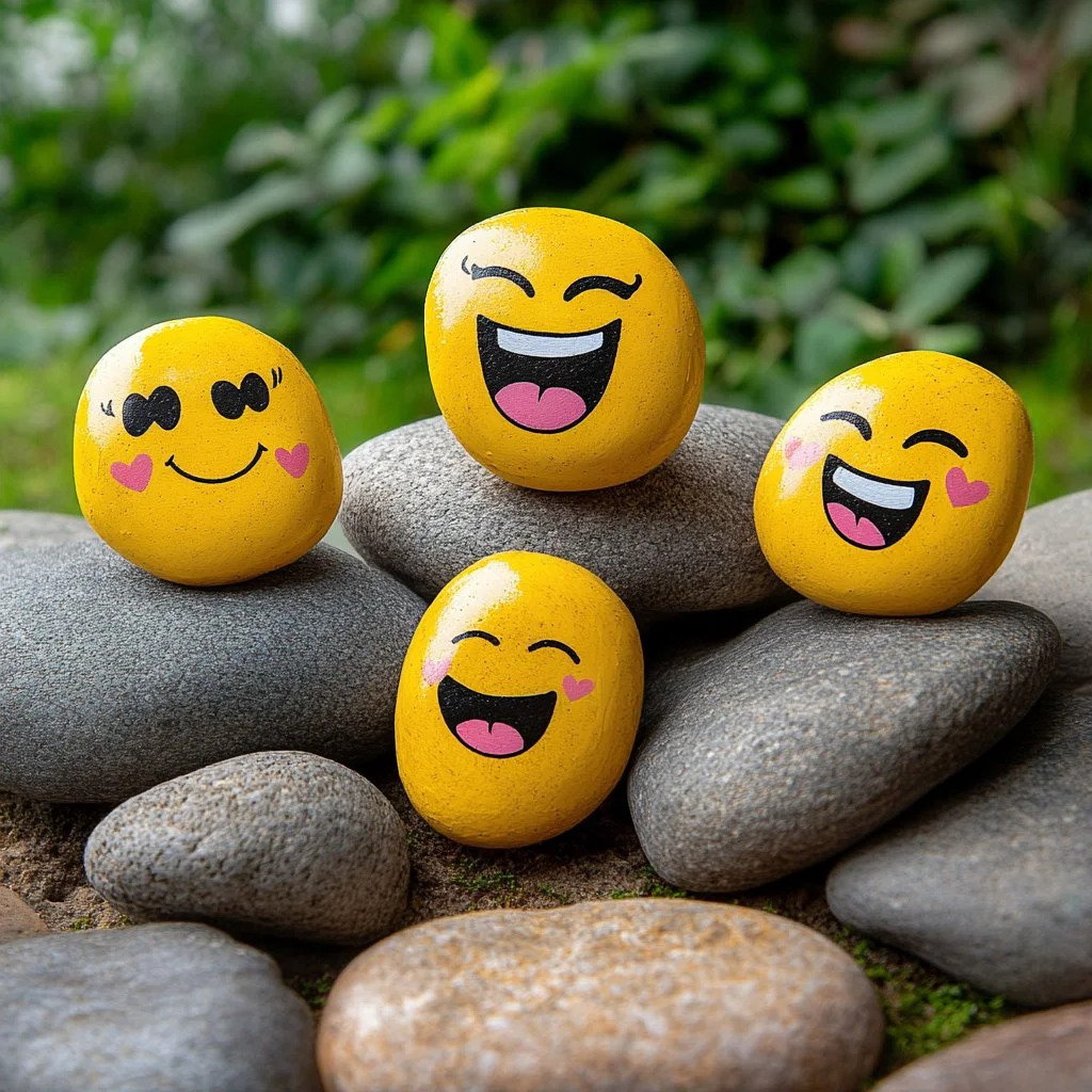 Colorful emoji painted rocks for creative garden decoration and crafts.